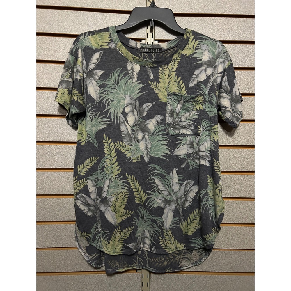 Potters Pot Womens Tropical Palm Leaf Print Pocket T-Shirt Grey Green Small USA